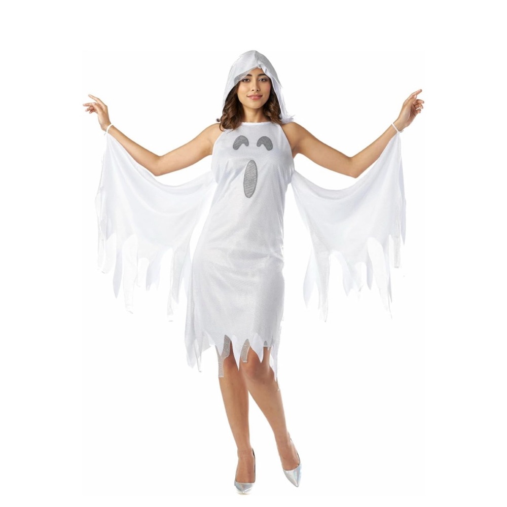 Seasons Shimmer Ghost Costume-White Hooded Halloween Dress W/Black Light Effect